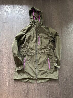 COLUMBIA WOMENS RAIN JACKET WIND BREAKER SIZE XS PINE GREEN PURPLE ACCENTS